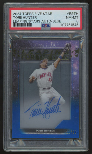 2024 Topps Five Star Torii Hunter Leaping For The Stars Blue Auto /15 PSA 8