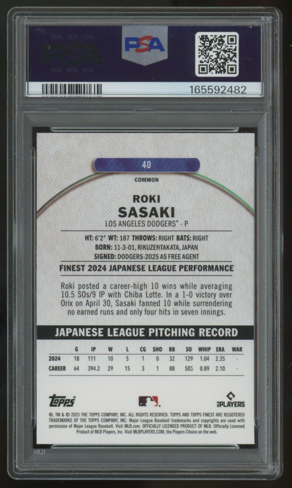 2025 Topps Finest Roki Sasaki RC Blue Refractor /200 #40 PSA 10