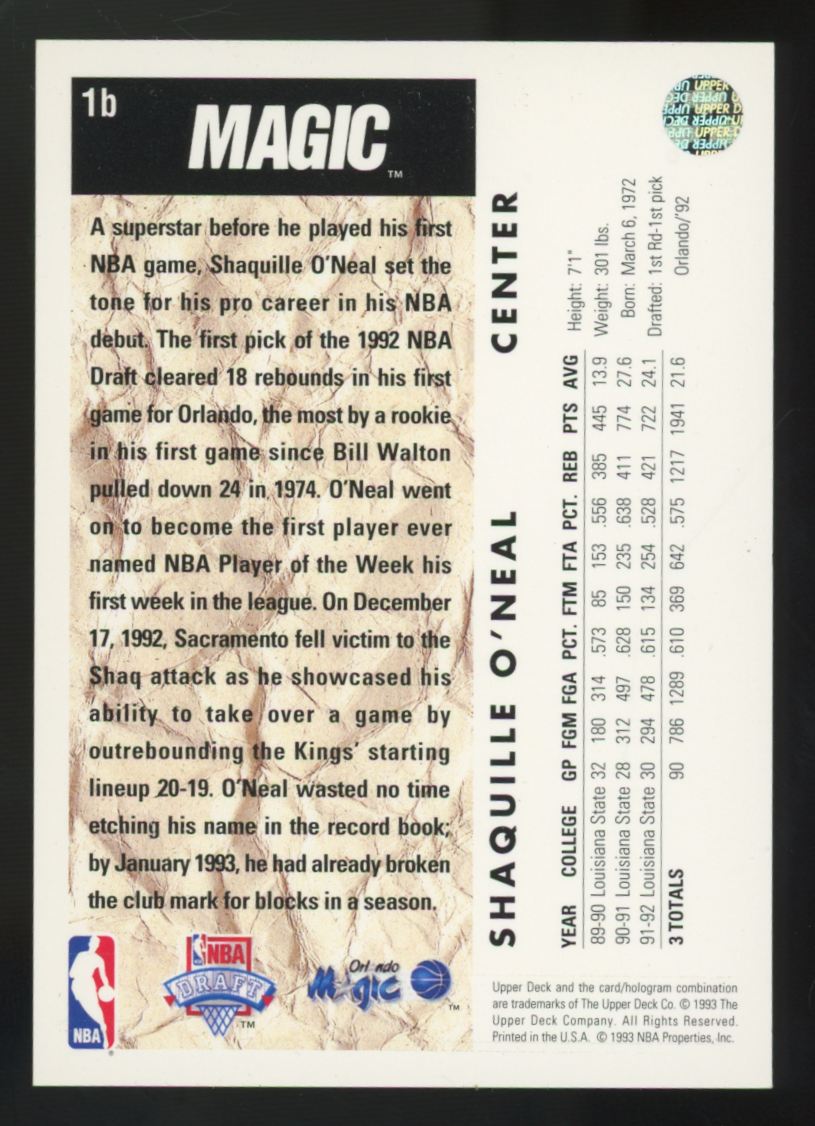 1992-93 Upper Deck Shaquille O'Neal RC Trade Card #1b "A"