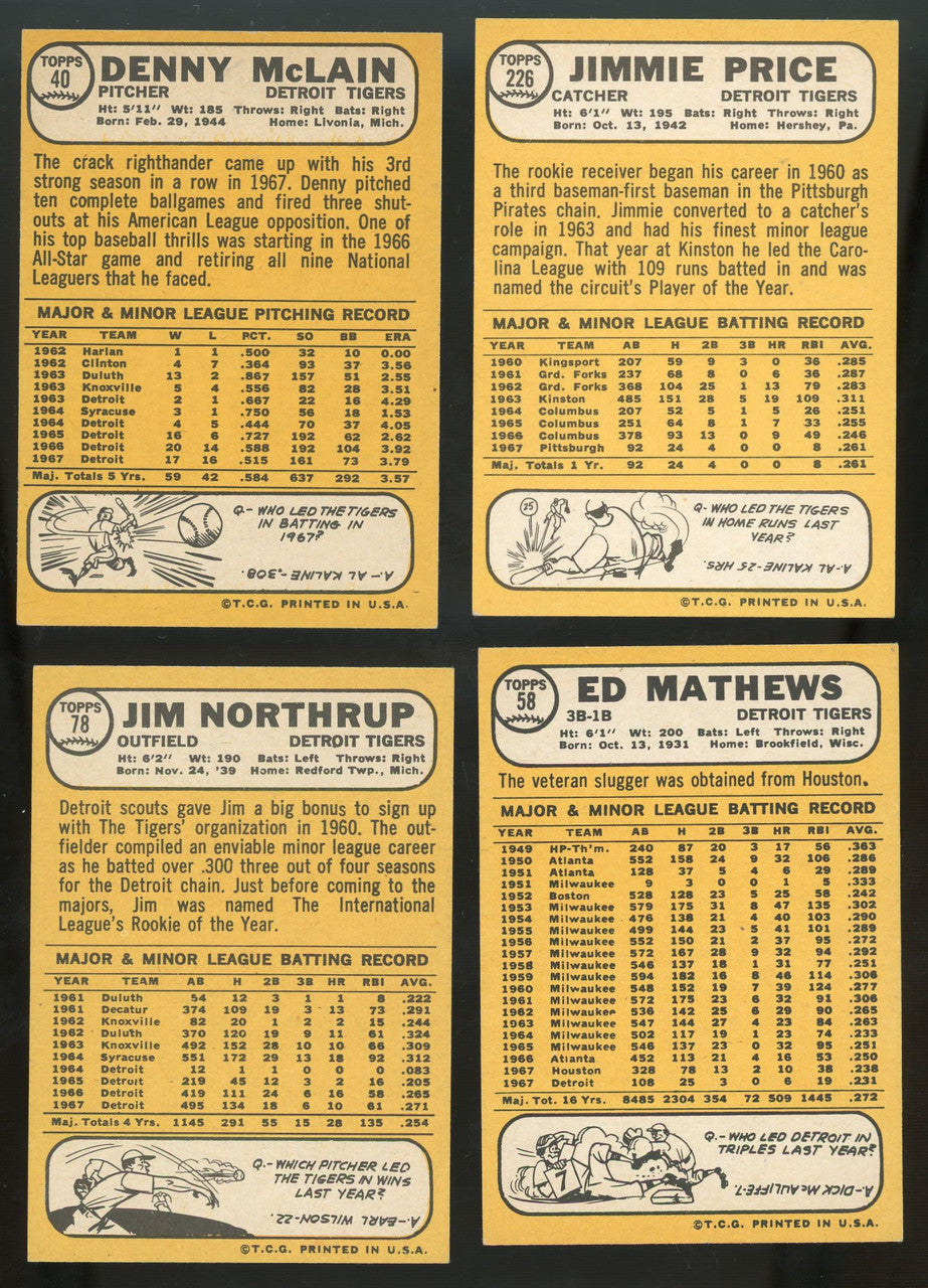 1968 Topps Detroit Tigers Team Set (20) Kaline McLain EX/MT-NM
