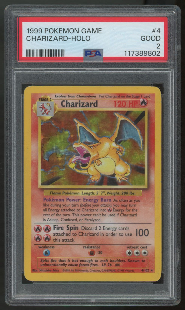 1999 Pokemon Charizard Base Set Unlimited Holo #4 PSA 2