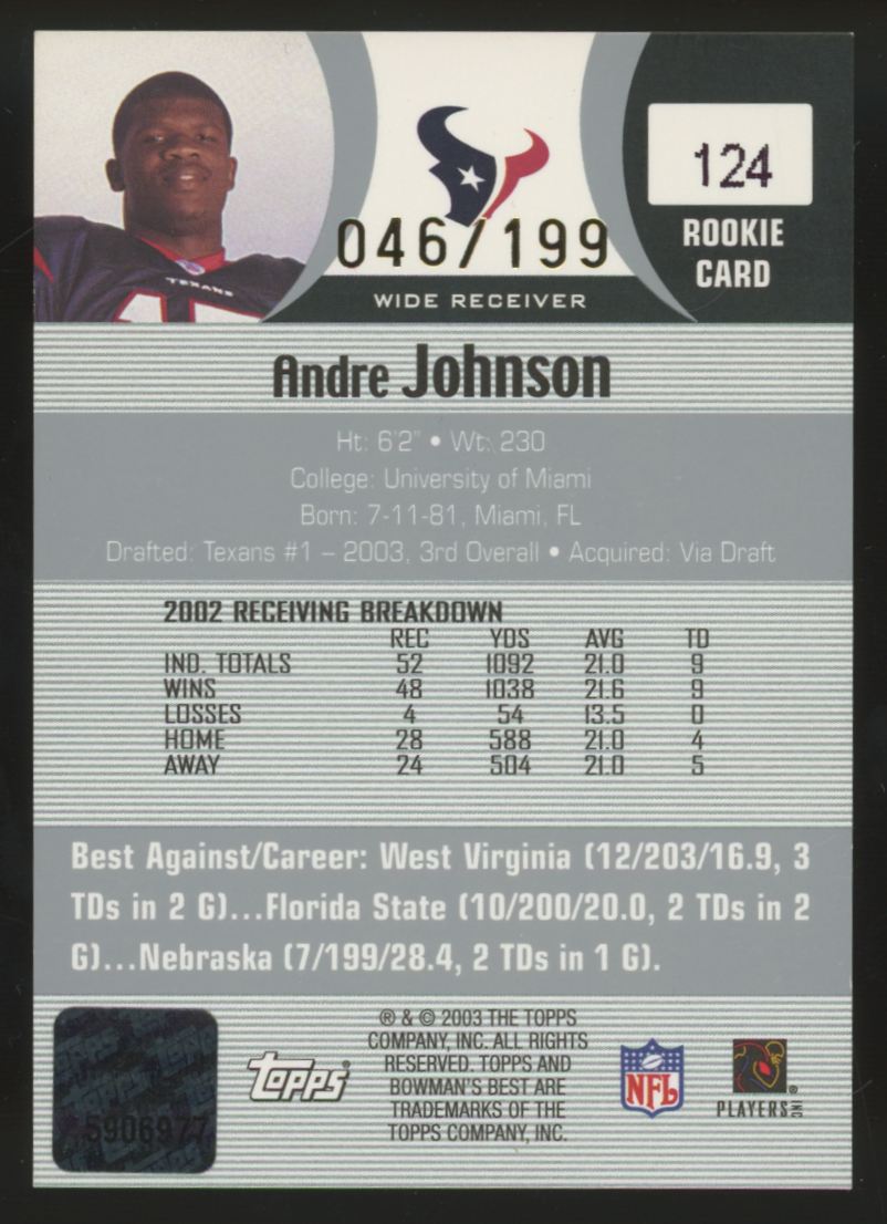 2003 Bowman's Best Andre Johnson RC Auto /199 #124