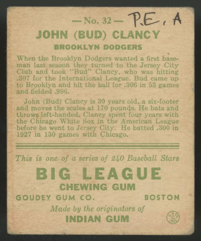 1933 Goudey John "Bud" Clancy #32 VG (MK)
