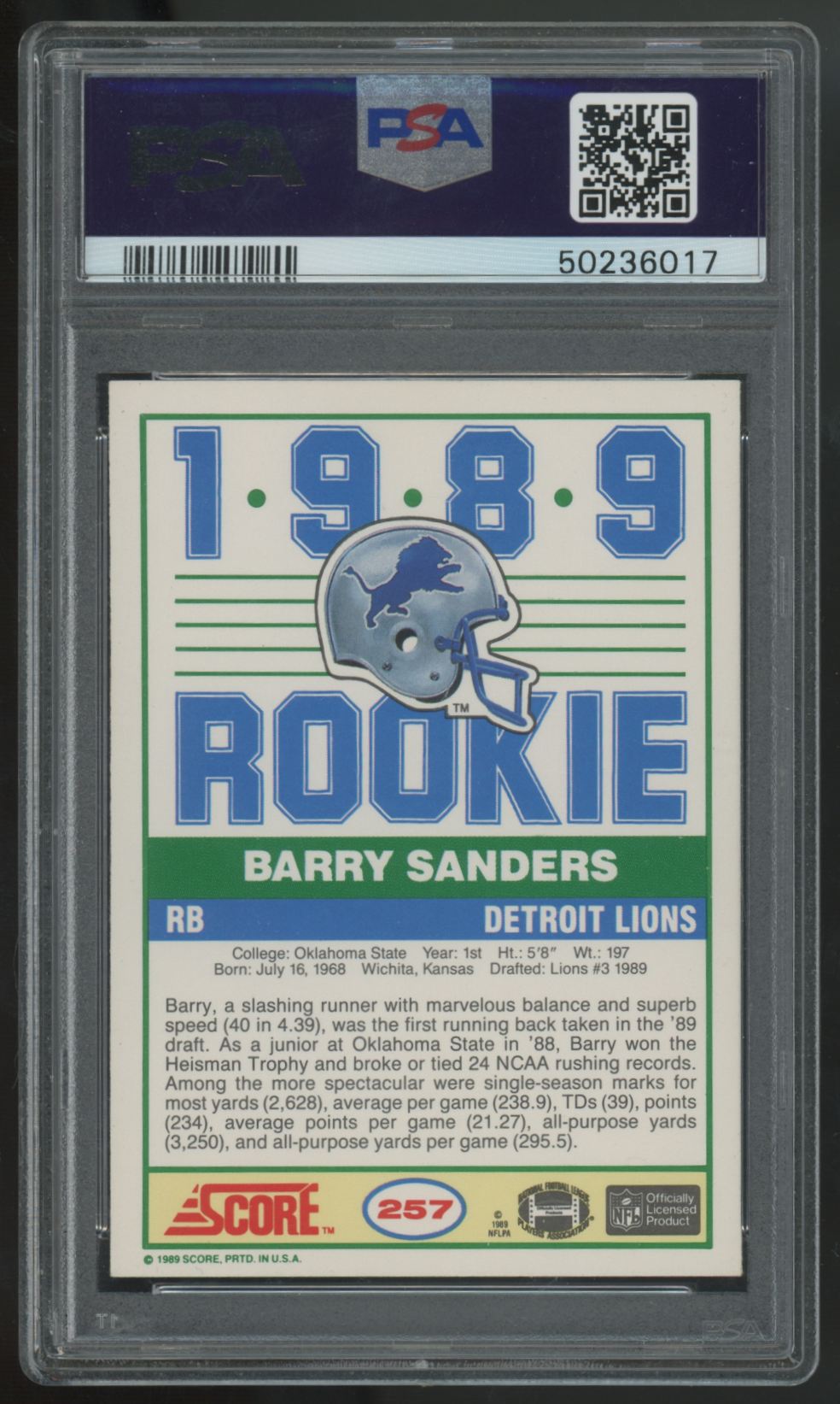 1989 Score Barry Sanders RC #257 PSA 7
