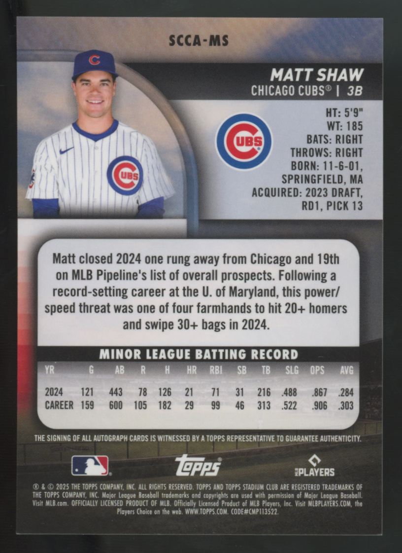 2025 Topps Stadium Club Matt Shaw RC Chrome Auto Refractor #SCCA-MS