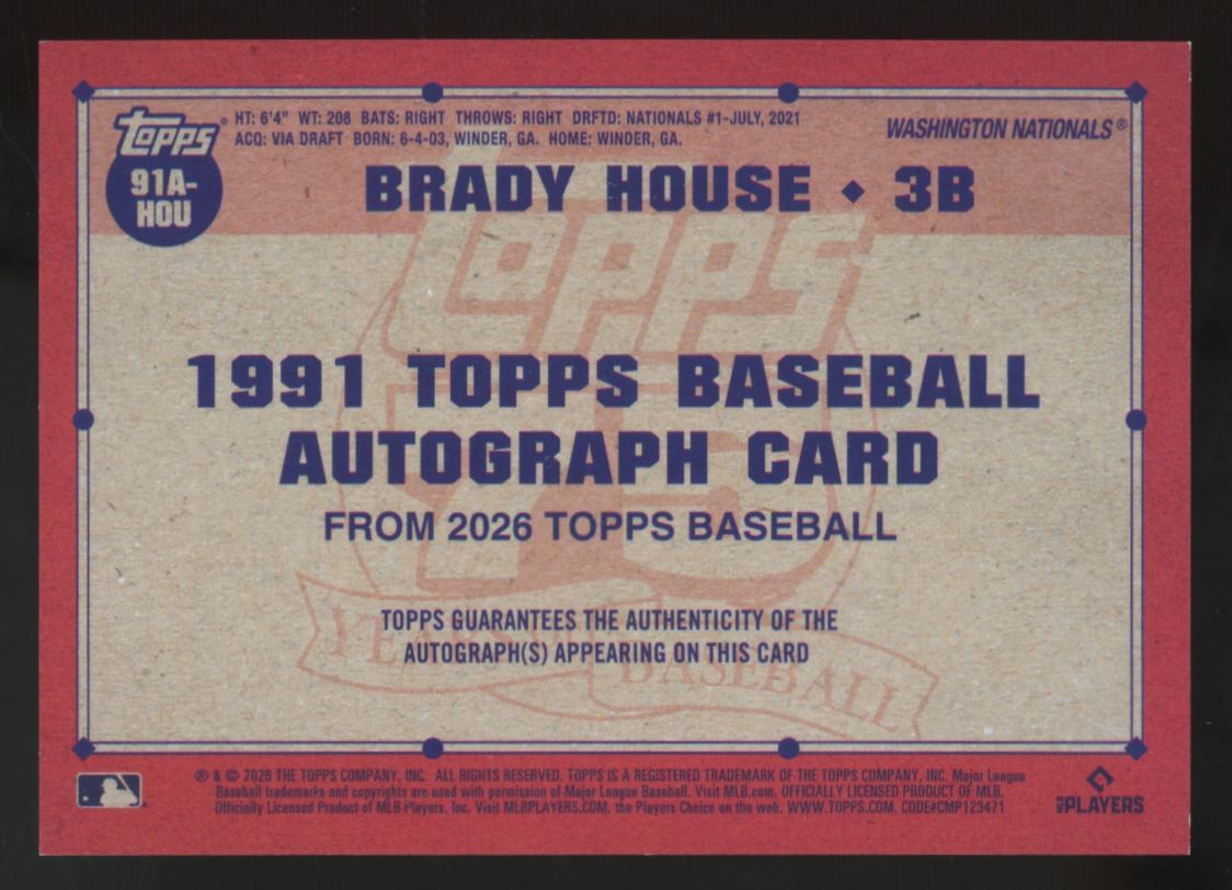 2026 Topps Series One Brady House RC 1991 Auto #91A-HOU