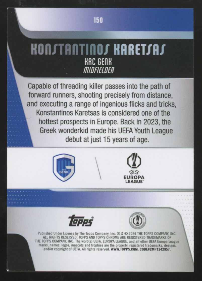 2025-26 Topps Chrome UEFA Konstantinos Karetsas RC Purple Mini Diamond /75 #150