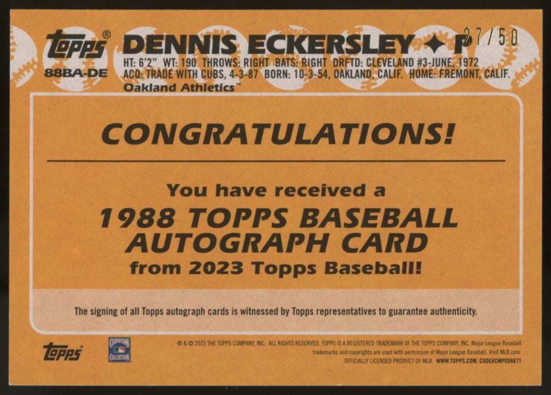 2023 Topps Dennis Eckersley 1988 Auto Gold /50 #88BA-DE