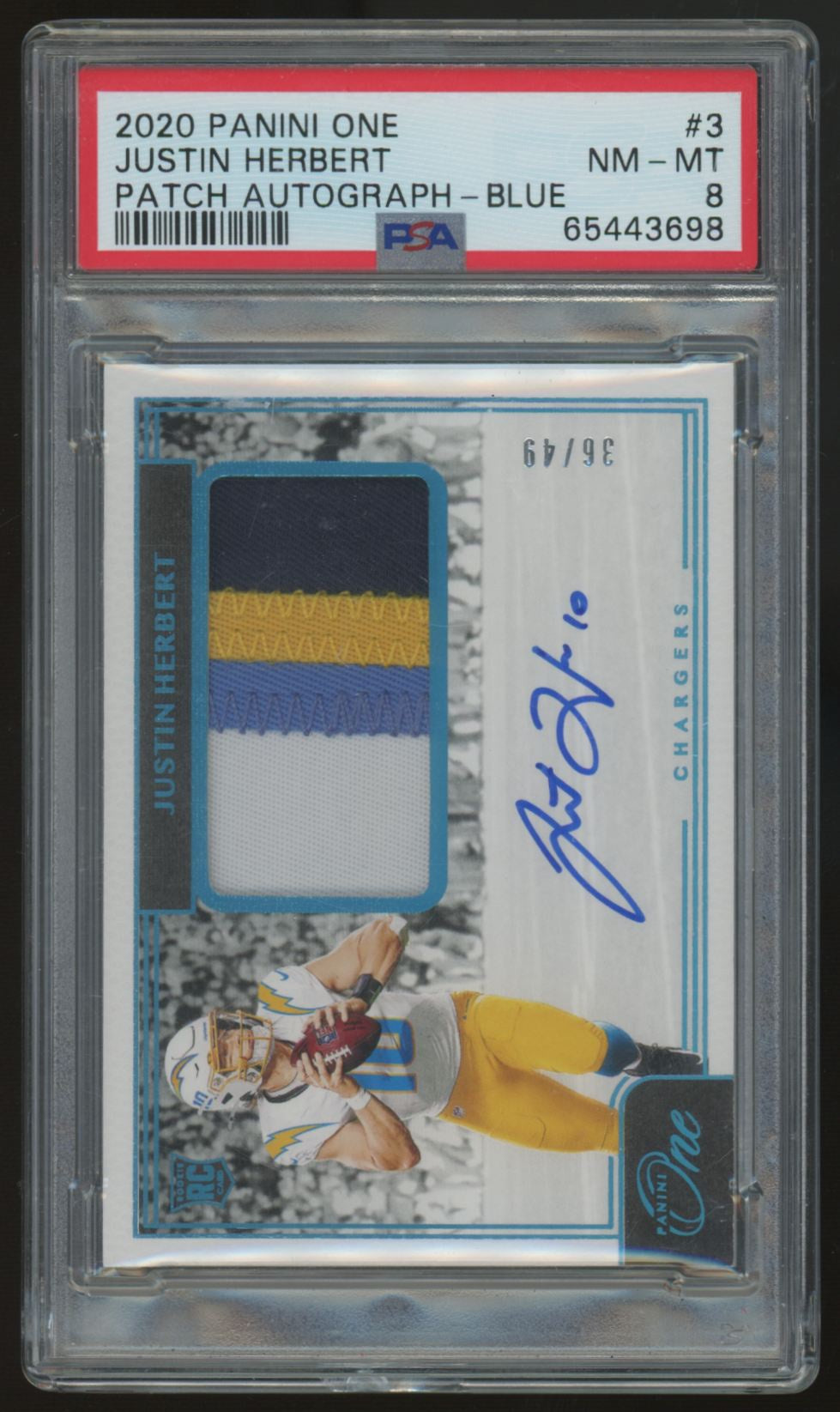 2020 Panini One Justin Herbert RC Patch Auto Blue RPA /49 #3 PSA 8