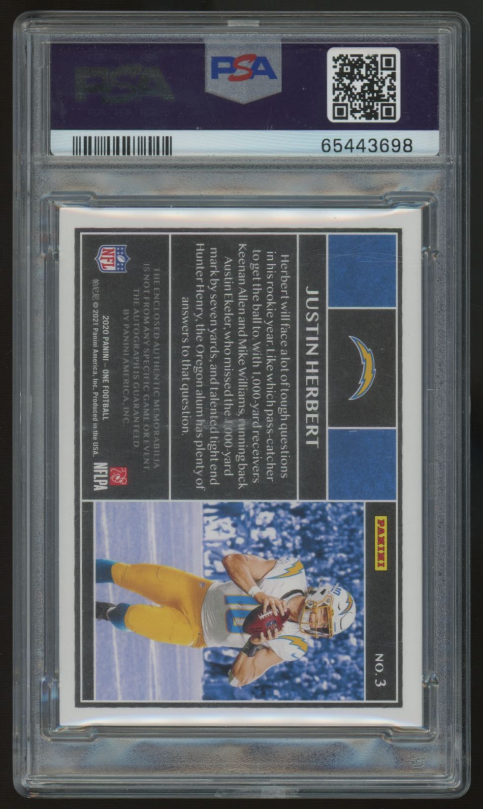 2020 Panini One Justin Herbert RC Patch Auto Blue RPA /49 #3 PSA 8