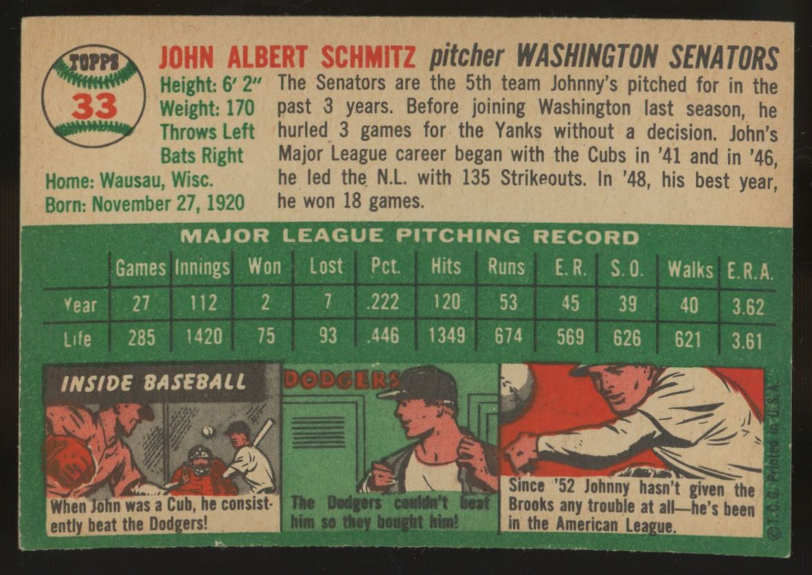 1954 Topps Johnny Schmitz #33 NM