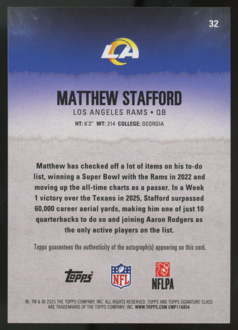 2025 Topps Signature Class Matthew Stafford Veteran Class Auto Silver /275 #32