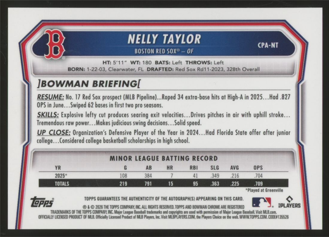 2026 Bowman Chrome Nelly Taylor 1st Teal Refractor Auto /125 #CPA-NT