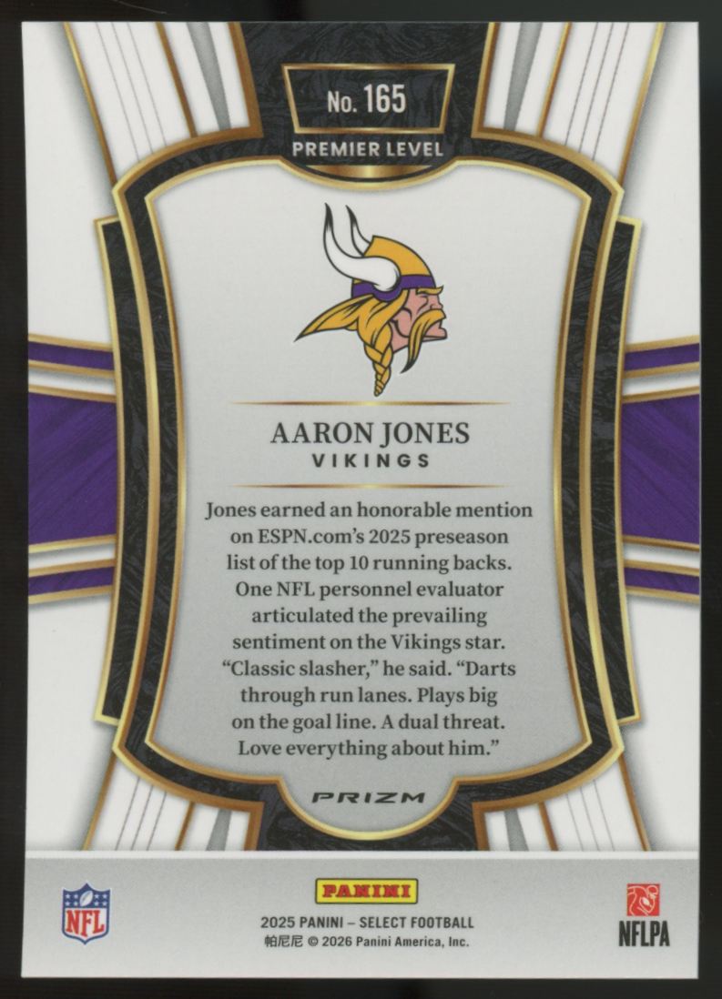 2025 Panini Select Aaron Jones Premier Level Zebra Shock Prizm SSP #165