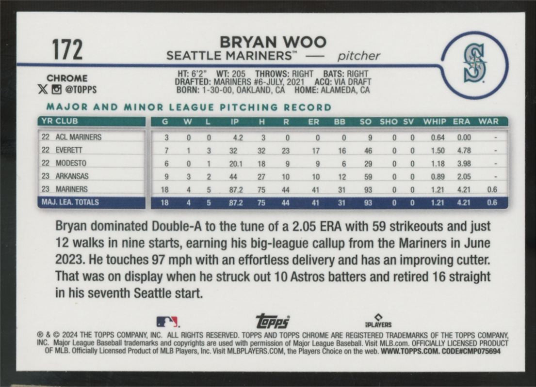 2024 Topps Chrome Bryan Woo RC Green Refractor /99 #172