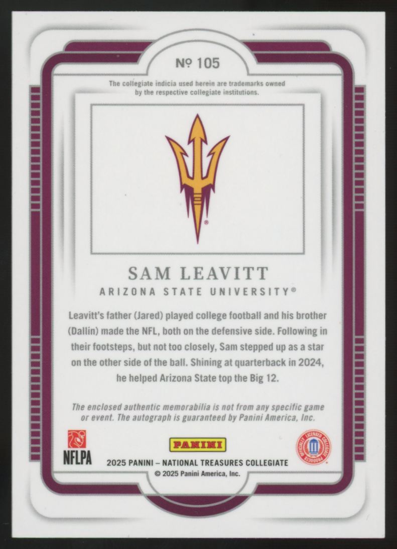 2025 National Treasure Collegiate Sam Leavitt Rated Prospect Patch Auto Blue /49