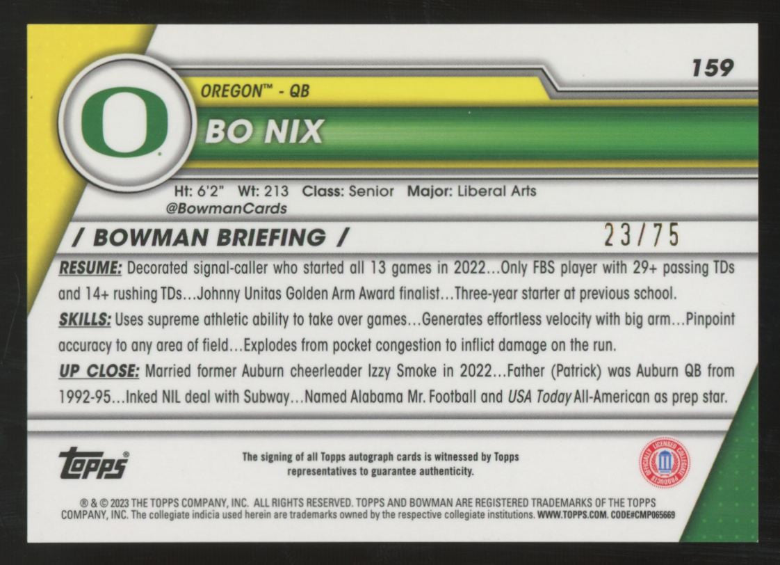 2023 Bowman Chrome University Bo Nix Yellow Refractor Auto /75 #159