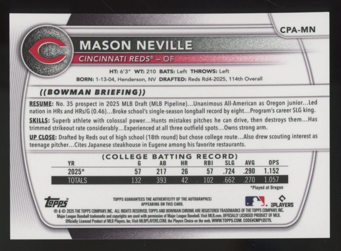 2025 Bowman Draft Mason Neville 1st Chrome Prospect Green Refractor Auto /99