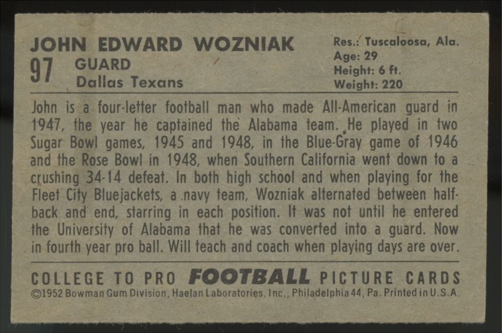 1952 Bowman John Wozniak #97 VG-VG/EX (Wrinkle)