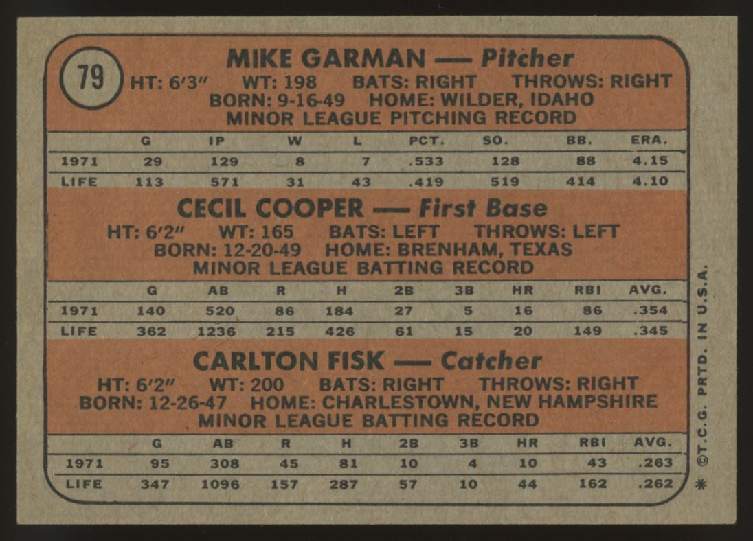 1972 Topps Rookie Stars Carlton Fisk RC #79 VG/EX (Wrinkle)