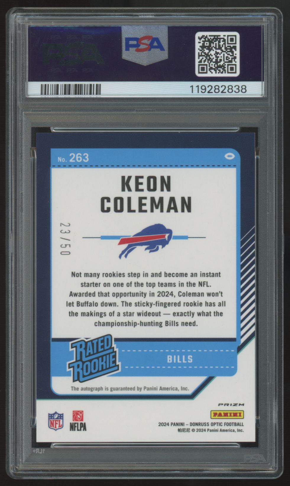 2024 Donruss Optic Keon Coleman RC Rated Rookie Pink Velocity Auto /50 PSA 10