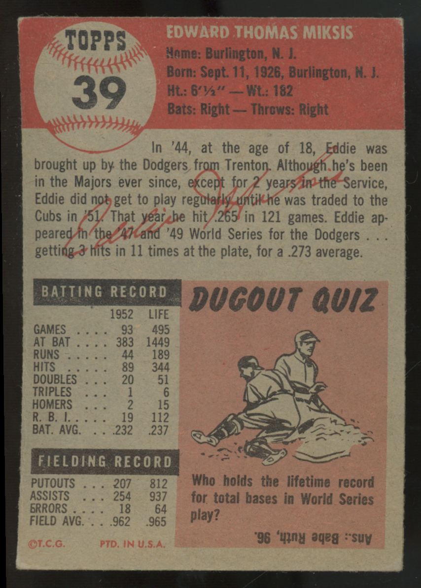 1953 Topps Eddie Miksis #39 EX+ "A"