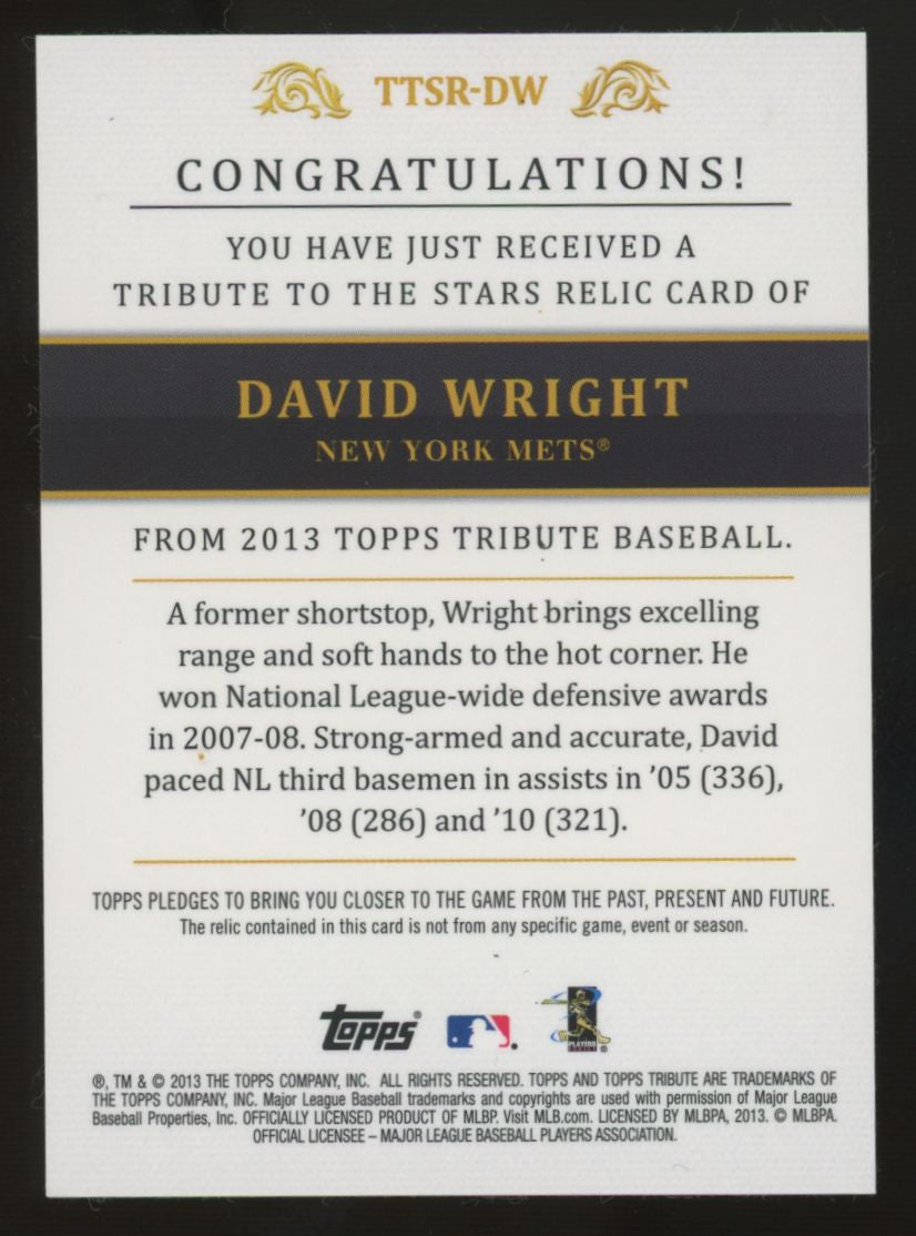 2013 Topps Tribute David Wright Gold Tribute To The Stars Patch /25 #TTSR-DW