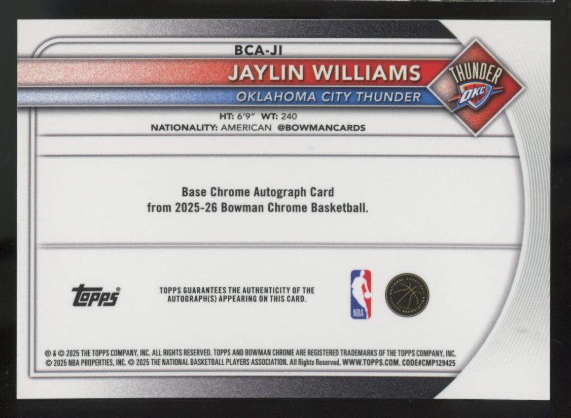2025-26 Bowman Chrome Jaylin Williams Black Mojo Refractor Auto /10 #BCA-JI