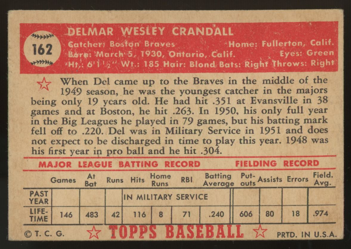 1952 Topps Del Crandall #162 VG/EX