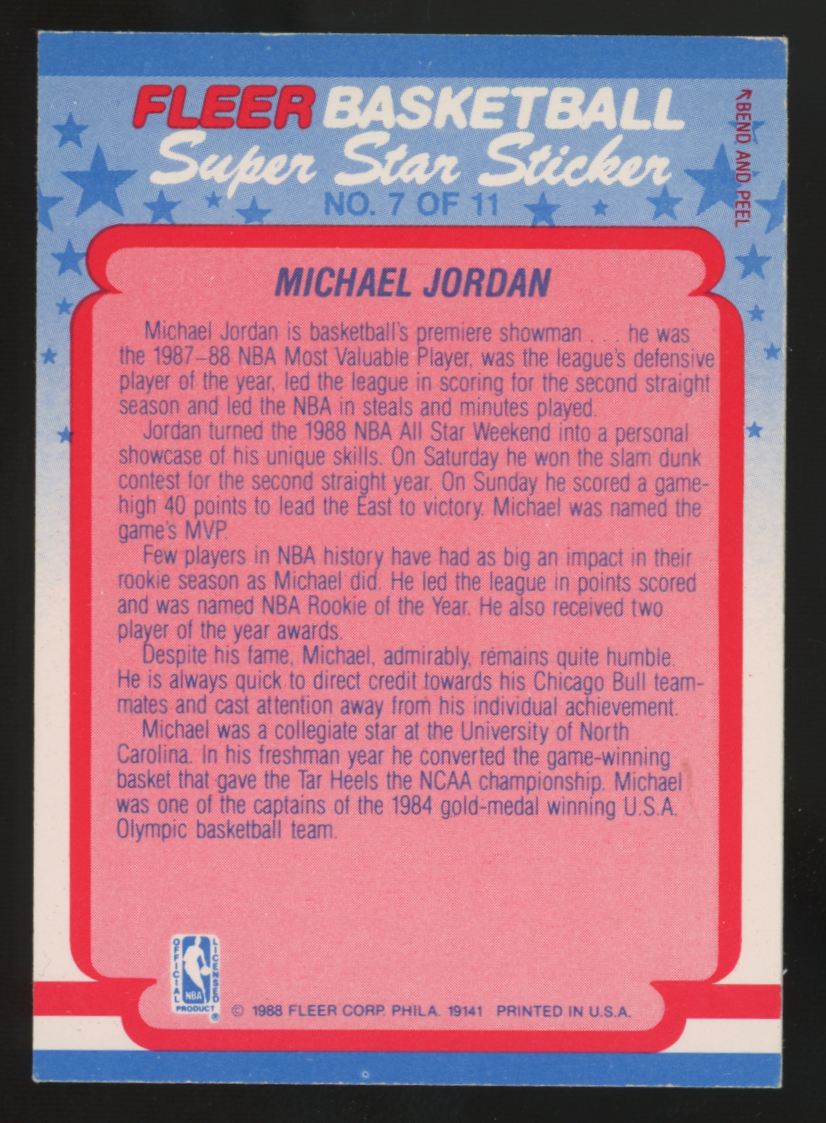 1988-89 Fleer Sticker Michael Jordan Super Star #7 VG/EX-EX
