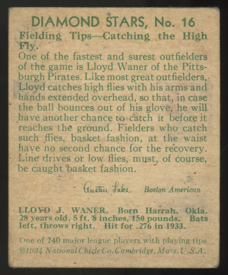 1934 National Chicle Lloyd Waner Diamond Stars #16 Poor (Pin Hole)