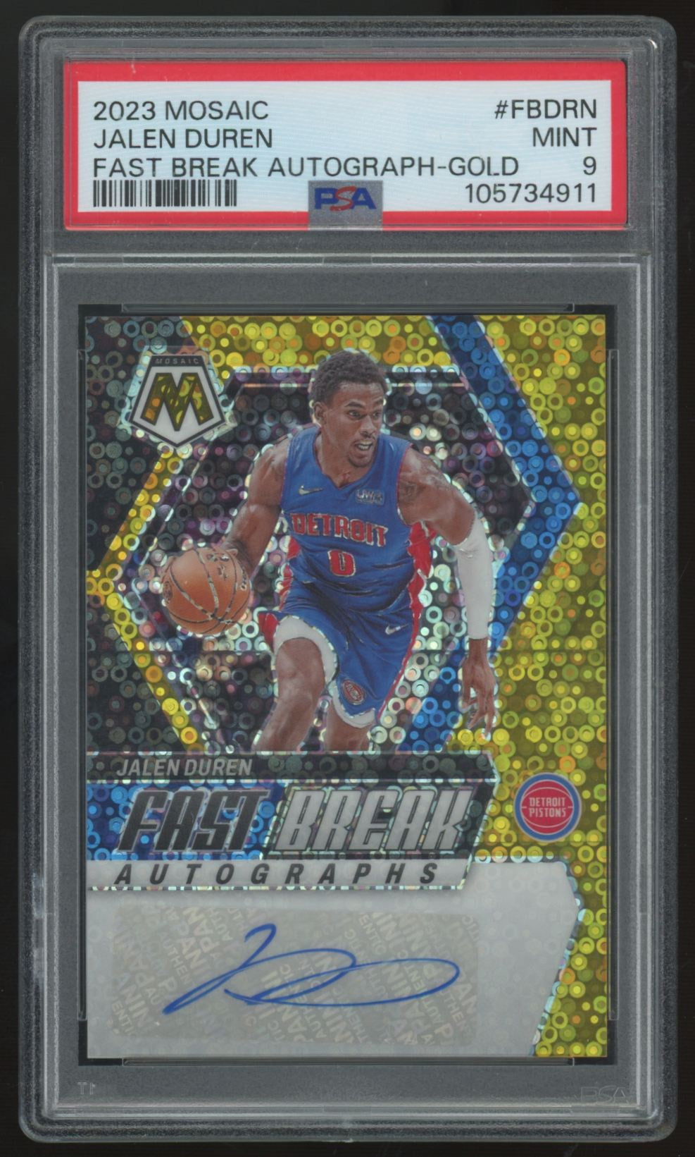 2023-24 Panini Mosaic Jalen Duren Gold Fast Break Auto /10 #FB-DRN PSA 9