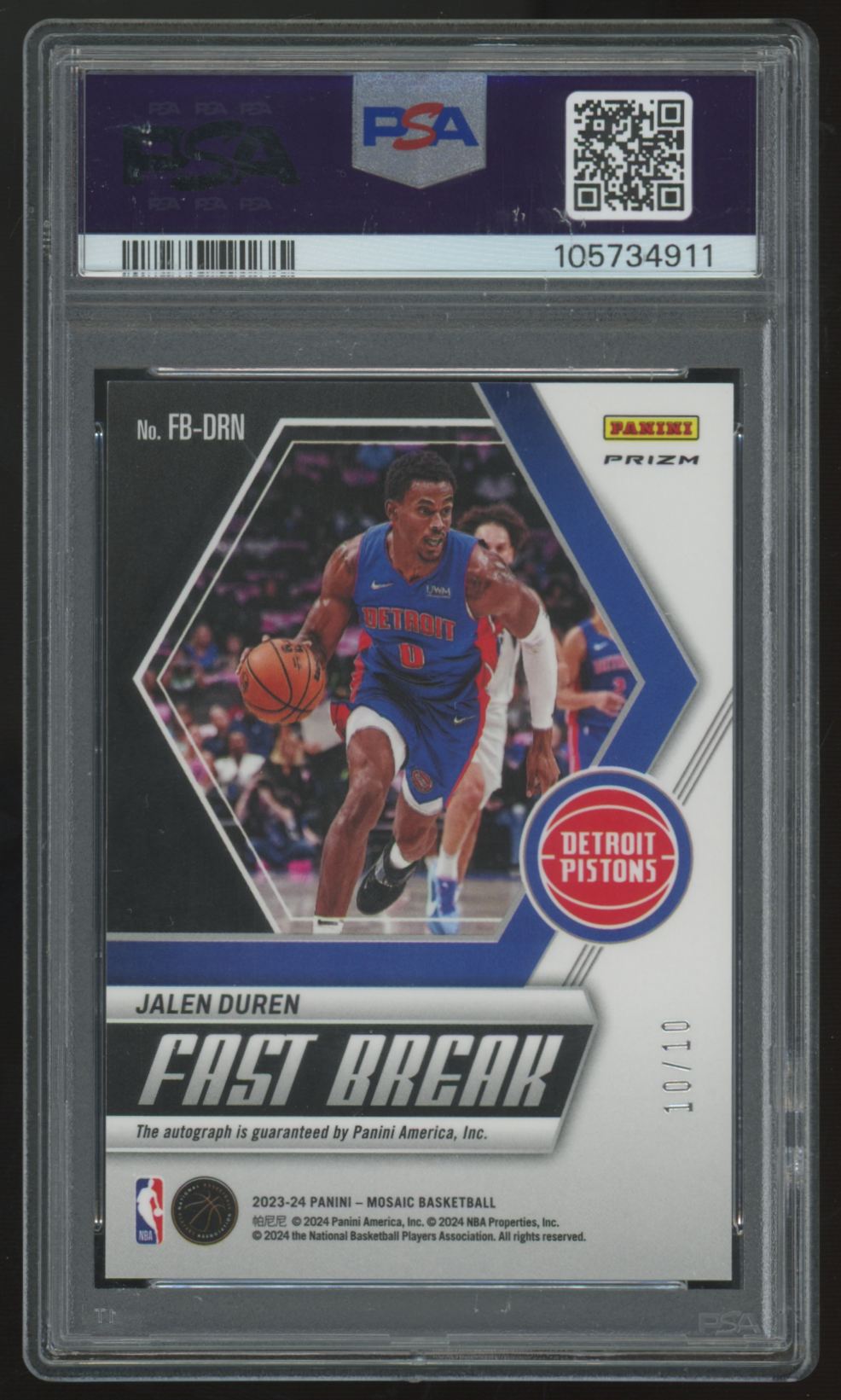2023-24 Panini Mosaic Jalen Duren Gold Fast Break Auto /10 #FB-DRN PSA 9