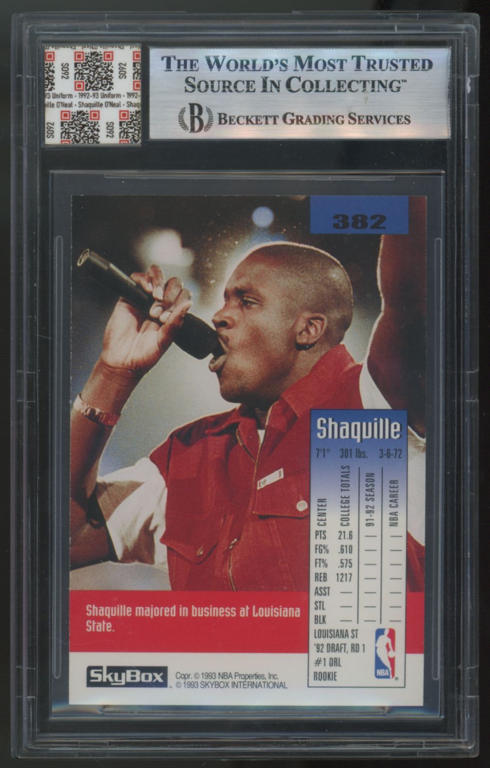 1992-93 Skybox Shaquille O'Neal RC Jersey Fusion Patch #382 BGS 9