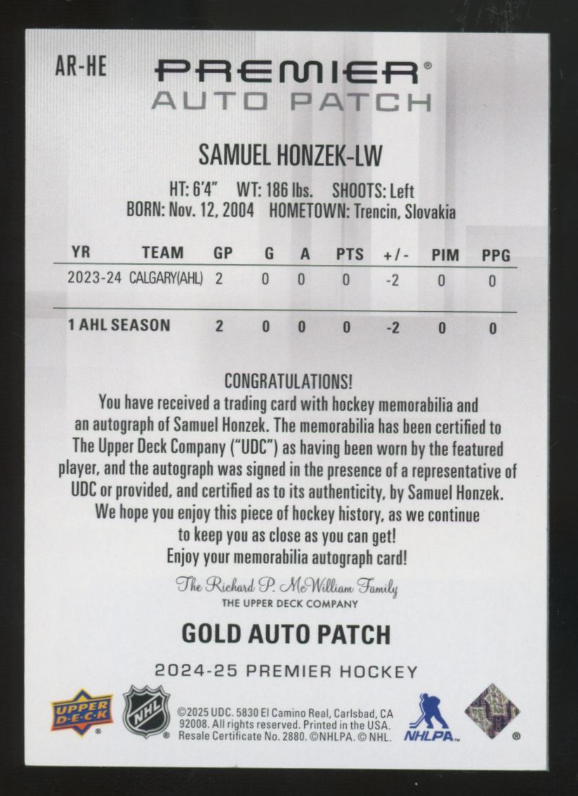 2024-25 Upper Deck Premier Samuel Honzek RC Gold Patch Auto RPA /65 #AR-HE