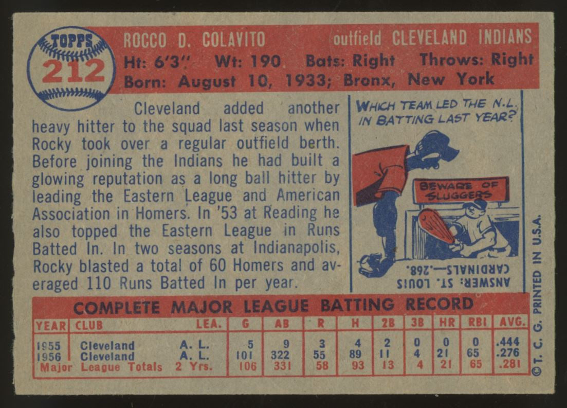 1957 Topps Rocco Rocky Colavito RC #212 EX+