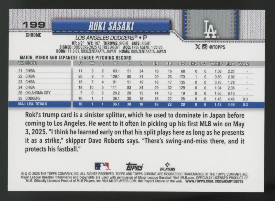 2026 Topps Chrome Roki Sasaki Lightboard SSP #199