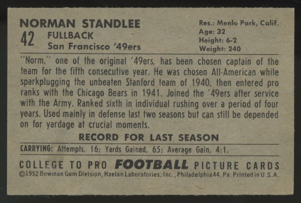 1952 Bowman Small Norm Standlee #42 EX/MT-NM