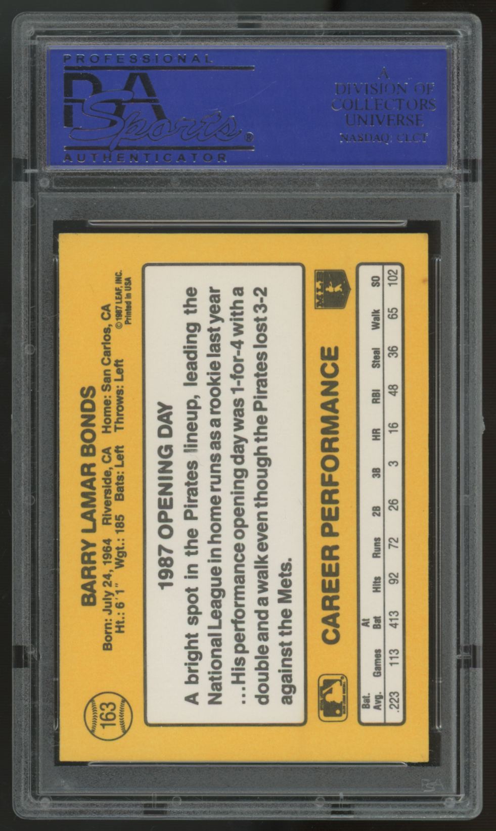 1987 Donruss Barry Bonds RC White Jersey Correct Photo #163 PSA 8 *736
