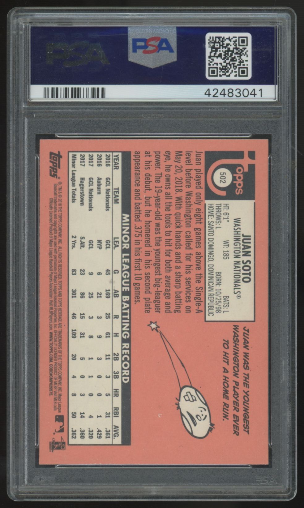 2018 Topps Heritage High Number Juan Soto RC #502 PSA 10