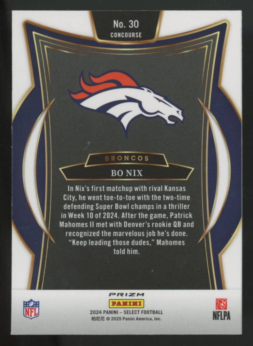 2024 Panini Select Bo Nix RC Concourse Orange & Black Shock #30