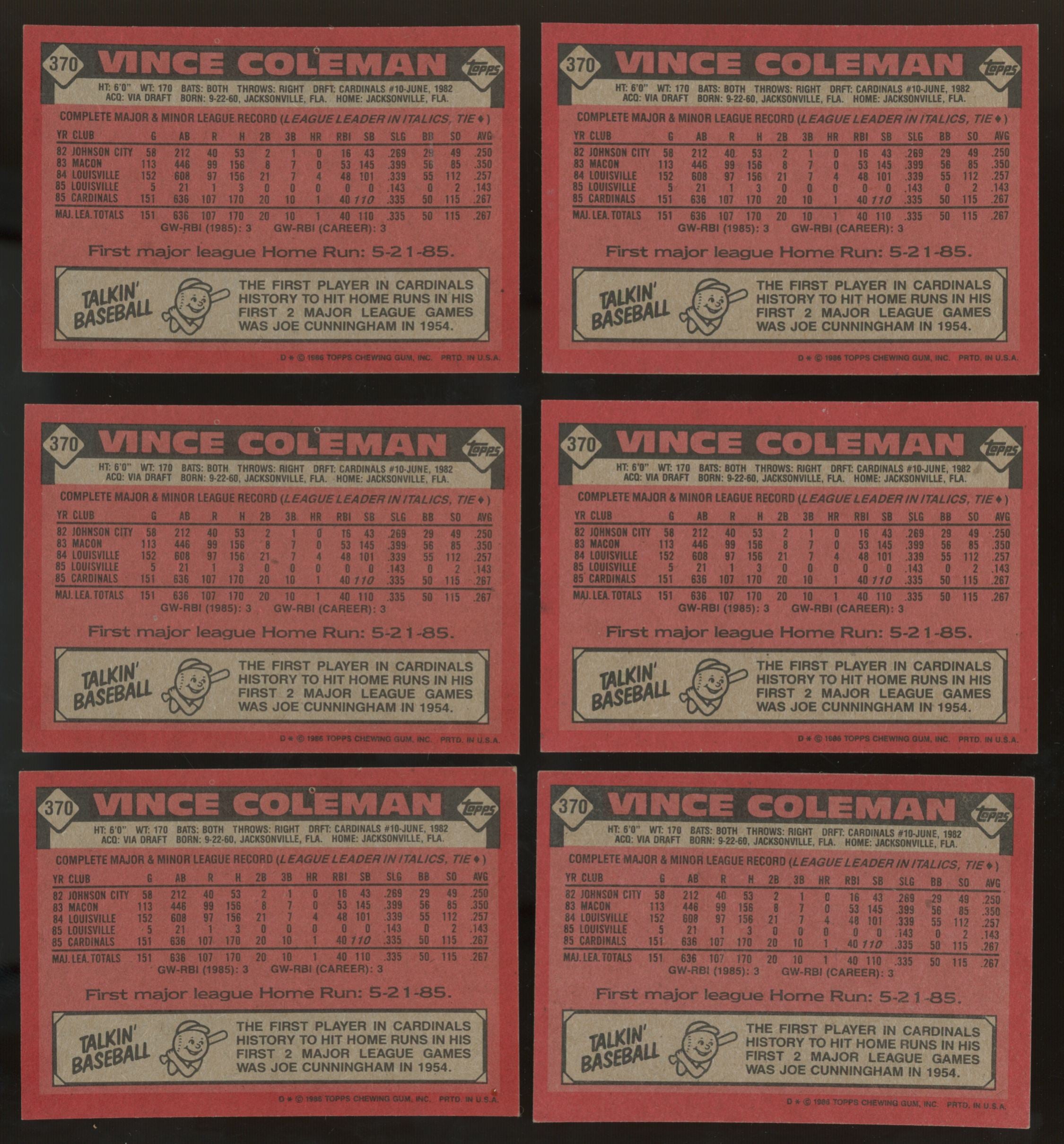 1986 Topps Vince Coleman #370 (Lot of 42)