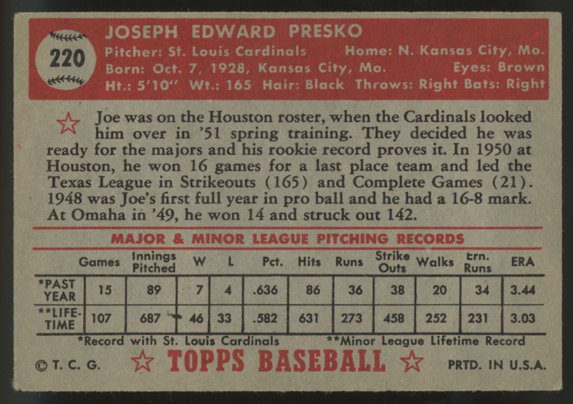 1952 Topps Joe Presko #220 VG