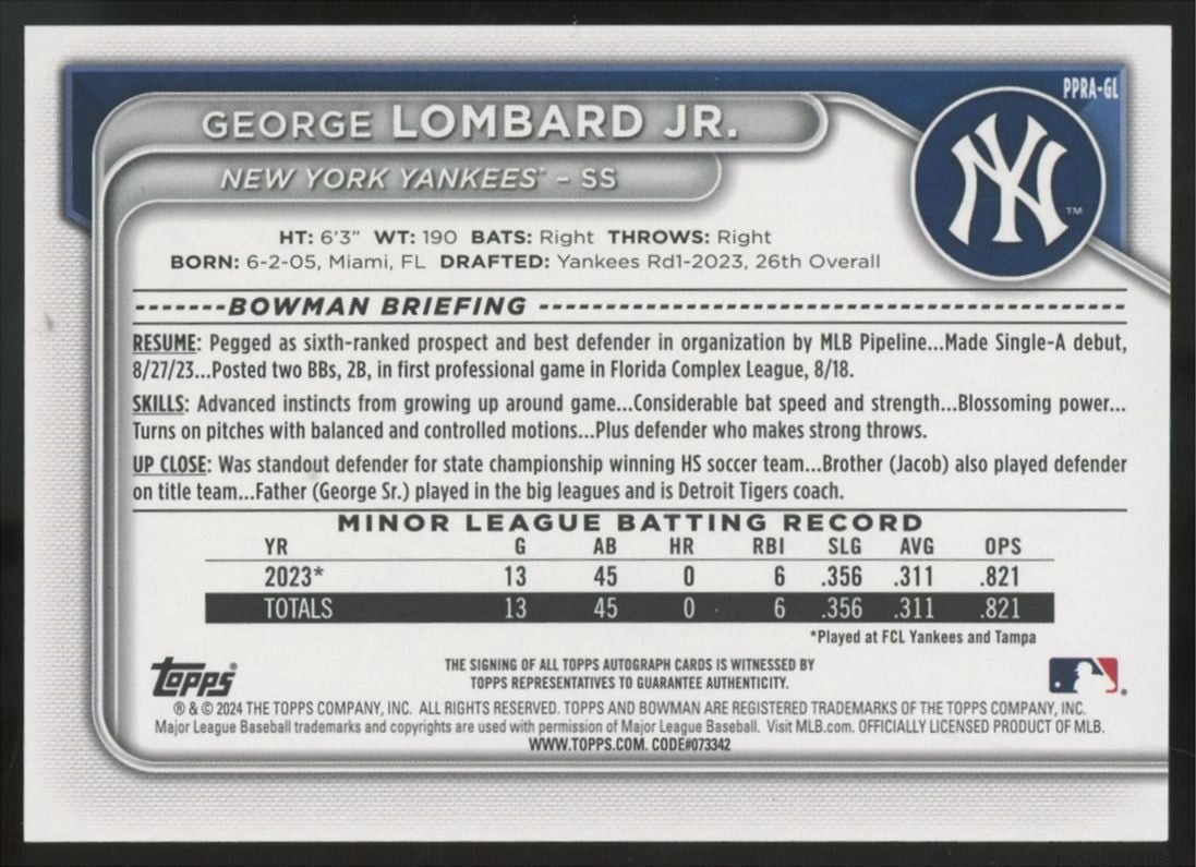 2024 Bowman George Lombard Jr. 1st Prospect Auto #PPRA-GL