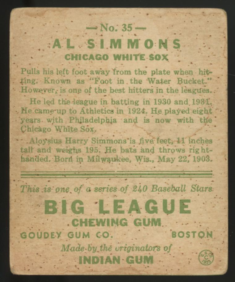 1933 Goudey Al Simmons #35 Good