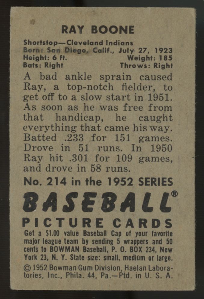 1952 Bowman Ray Boone #214 VG/EX-EX