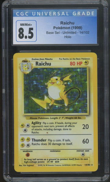 1999 Pokemon Raichu Base Set Unlimited Holo #14 CGC 8.5