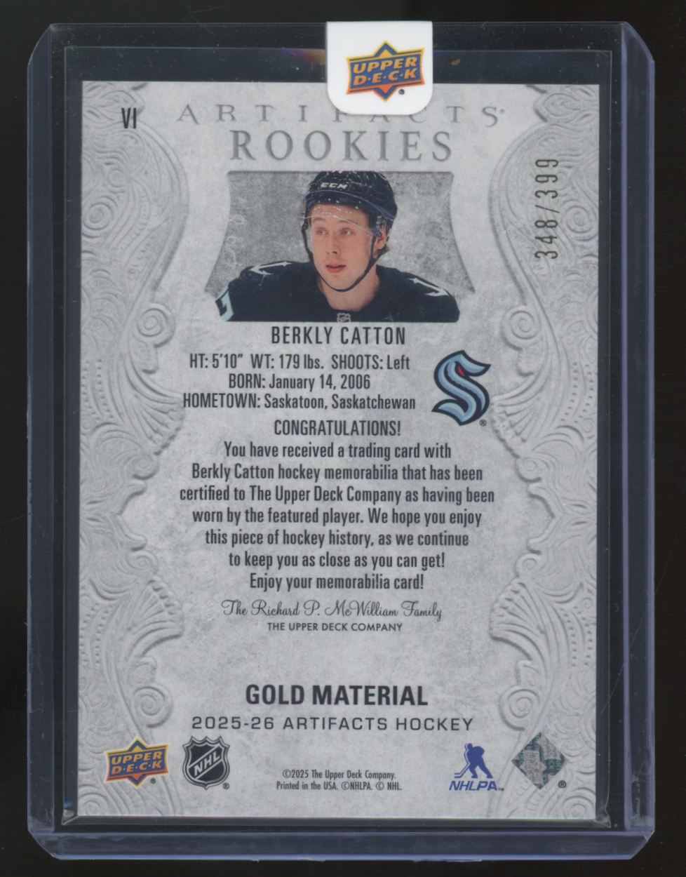 2025-26 UD Artifacts Berkly Catton RC Gold Material Dual Patch /399 #VI
