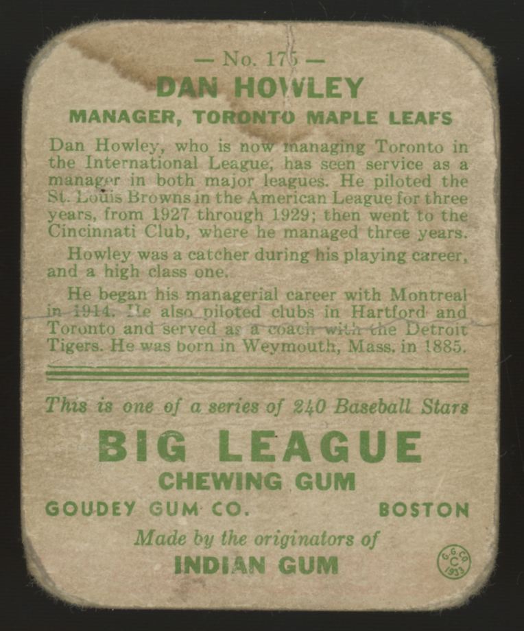 1933 Goudey Dan Howley #175 Poor