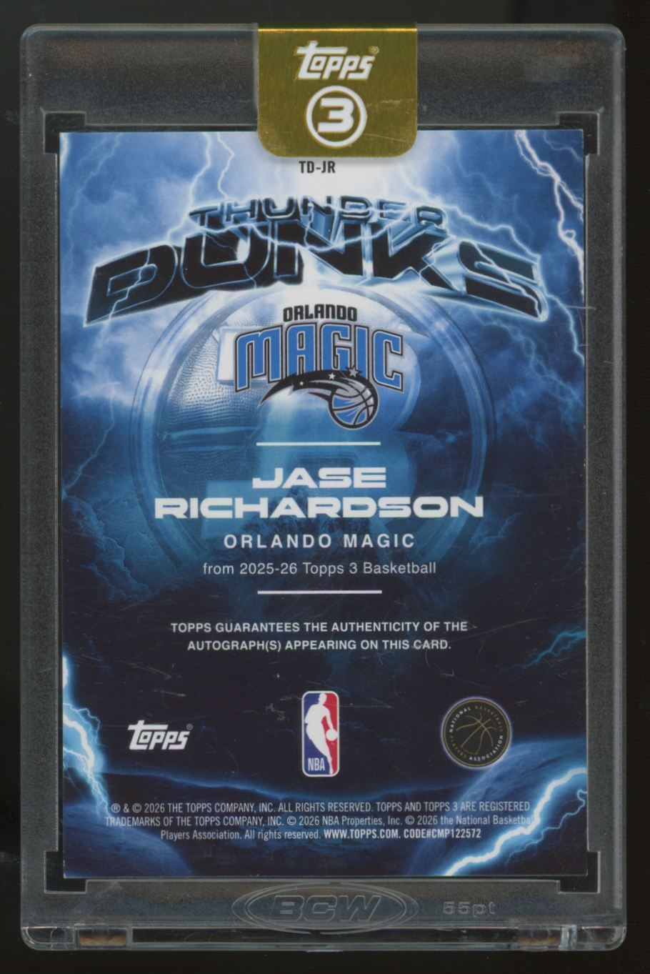 2025-26 Topps Three Jase Richardson RC Thunderdunk Blue Auto /49 #TD-JR